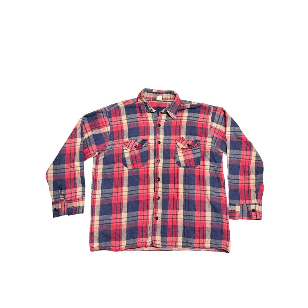 Vintage 80s Plaid Flannel Shirt Mens XL Red Blue Distressed Grunge Workwear